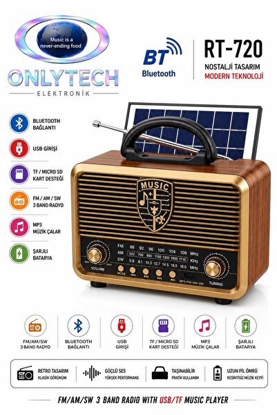 OnlyTech Nostalji Görünümlü Güneş Enerjili Bluetooth, Nostalji , Fm/am/sw 3 B...