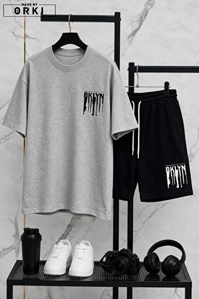 EFFRENATU Bklyn Printed Cotton Fabric Men's Gray T-Shirt- Black Shorts Set