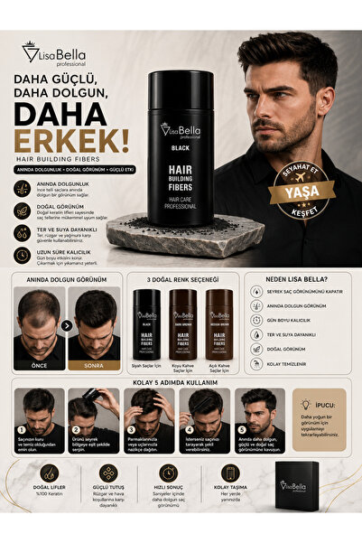 BY UTAH LİSA BELLA Lisa Bella Saç Dolgunlaştırıcı Fiber – Siyah 27g | Doğal G...