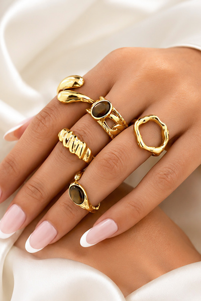 TREND COLLECTİON مجموعة من 5 خواتم ذهبية للنساء، مجموعة خواتم كلاسيكية قابلة ...