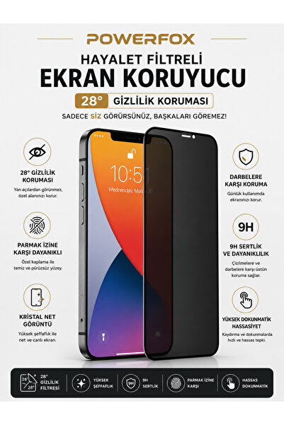 Powerfox iPhone 12 Pro Max Uyumlu Privacy Hayalet Kırılmaz Cam Tam Kaplayan G...