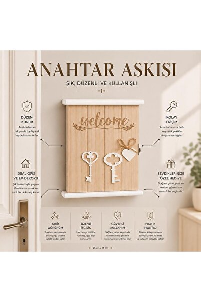 e-life shop Ahşap Anahtar Tasarımlı Home Sweet Home Anahtar Askısı Welcome Du...
