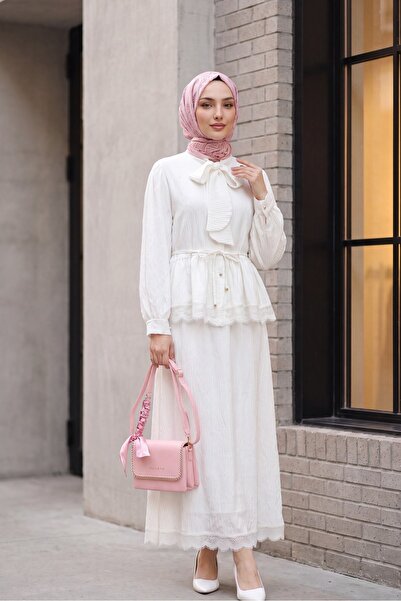 Modamorfo Lace Collar and Tie-Waist Skirt, Pleated Crepe Suit - Ecru