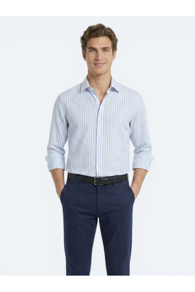 Kip Açık Mavi Çizgili Regular Fit Casual Gömlek