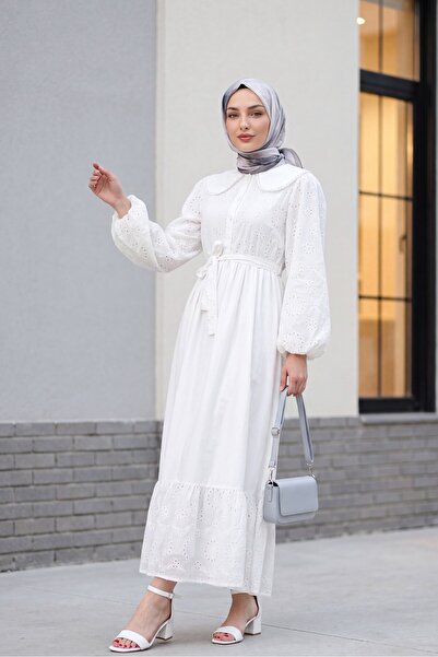 Modamorfo Baby Collar Half Button Scalloped Dress -White