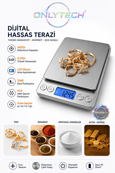 OnlyTech 500/0.1g Elektronik Dijital Terazi Ölçeği Lcd Dijital Ölçeği Mini gr...