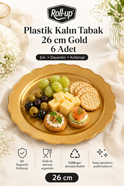Roll-Up Plastik Kalın Tabak Büyük 26 cm Gold 6 Adet