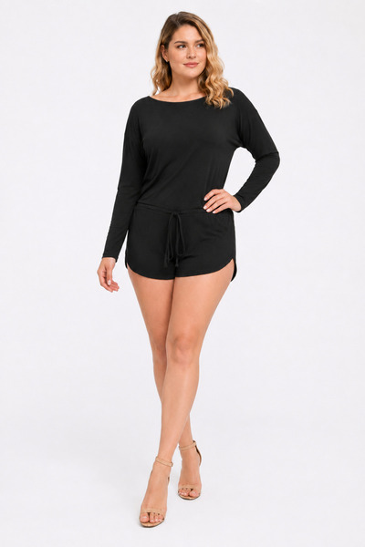 Şans Women's Large Size Black Viscose Shorts Jumpsuit 65n30455