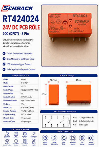 SCHRACK - RT424024 24VDC 8A 8 PİN ÇİFT KONTAK RÖLE
