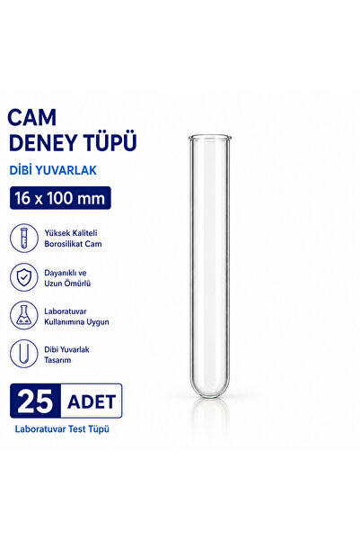 Labolist 16x100 Mm Cam Deney Tüpü Dibi Yuvarlak 25 Adet Laboratuvar Test Tüpü