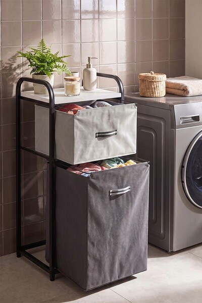 DEHALİMİTED DH11 Raflı Çamaşır Sepeti Banyo Dolabı Kirli Sepetli Banyo Düzenl...