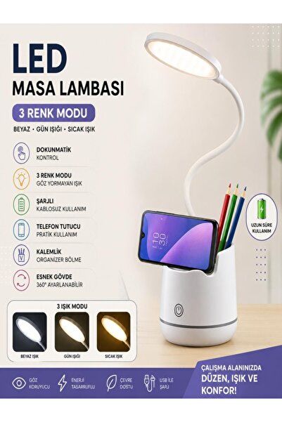 FEDDY 3 Renk Şarjlı 24 LED Çalışma Okuma Işığı Kademeli Masa Lambası Ayarlana...