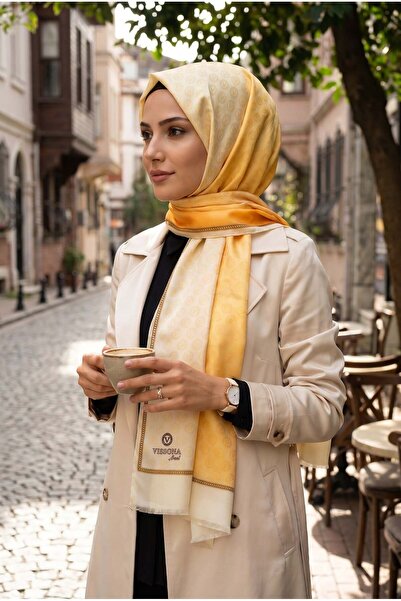 Vissona %100 Saf İpek Şal İnce Saten Vual Dokuma Degradeli Ve Monogram Desenl...