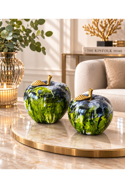 Home Dekoratif Elma Biblo 2’li – Yeşil Desenli Gold Detay Ev Dekoru