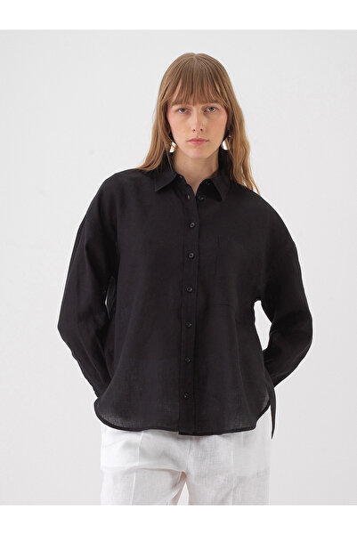 Xint Kadın Siyah %100 Keten Oversize Gömlek