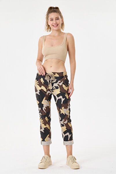 della moor Women's Beige Italian Foil Camouflage Pattern Washed Lycra Pants S...