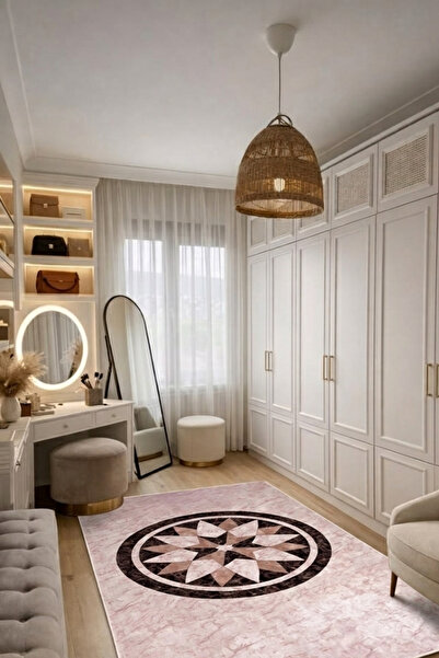 Vintage Madalyon Desen Krem-Kahve Halı,Yıkanabilir, Kaymaz Taban,Dijital Baskı,Salon
