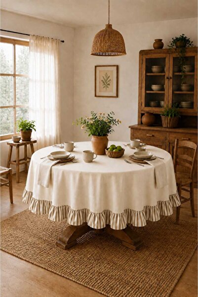 HOME ART ATELIER hand made Yuvarlak Fırfırlı Naturel Vintage Masa Örtüsü - Lu...