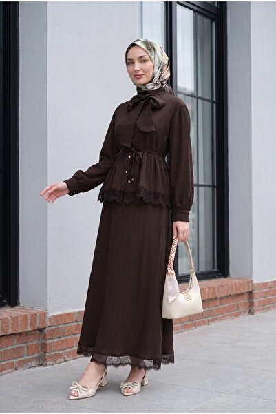 Modamorfo Lace Collar and Tie-Waist Skirt, Pleated Crepe Suit - Brown