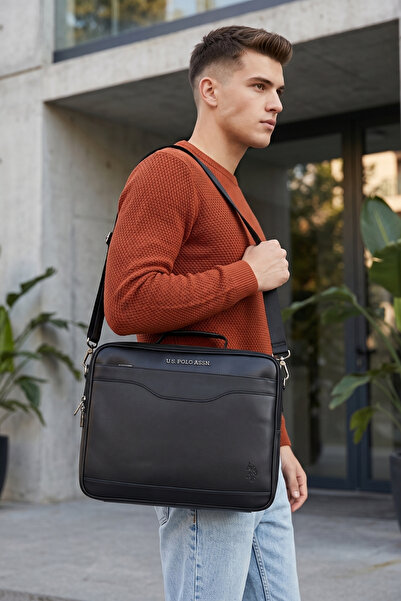 U.S. Polo Assn. يو اس بولو اسن 25033-25034 حقيبة كمبيوتر محمول بحزام كتف أسود