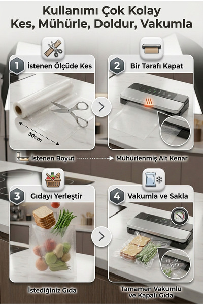 Vacuum Sealer 30 cm x 5 metre Tırtıklı Rulo Vakum Makinesi Poşeti Gıda Saklama Vakum Poşeti