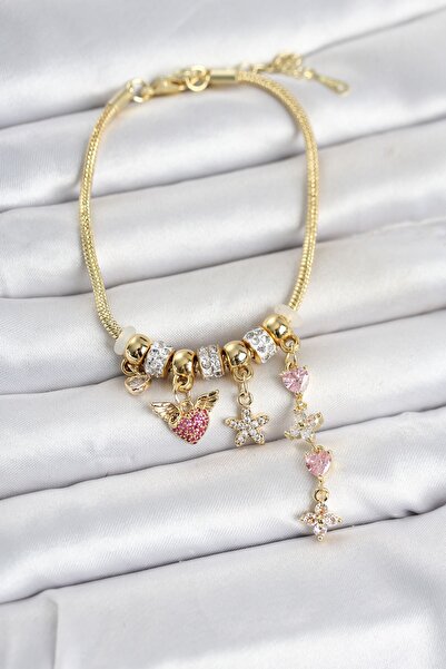 Inure Jewelry سوار نسائي من النحاس بلون ذهبي مع تفاصيل على شكل قلب وزهرة