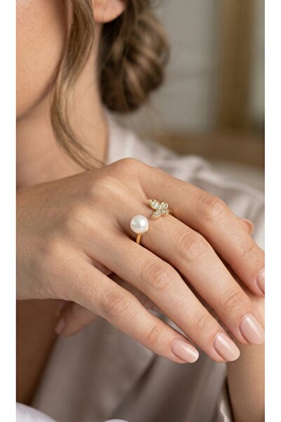 Inure Jewelry خاتم نسائي مرصع بحجر الزركون باللون الذهبي موديل Kelebek Pearl