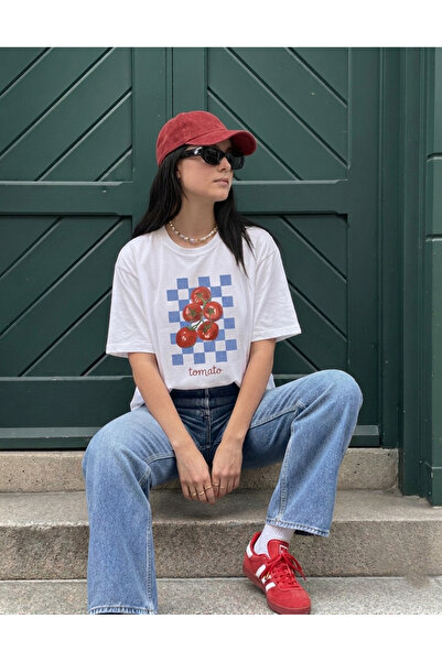 libukes White Unisex Oversized Tomato and Checkers Printed Short Sleeve T-Shirt
