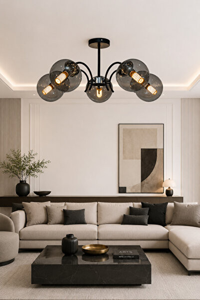ESSLİGHT Luna 5’li Füme Camlı Modern Salon Mutfak Yatak Odası Avizesi