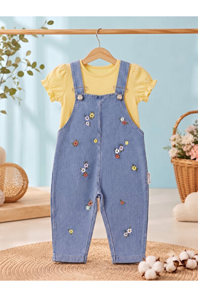 EYMİRGİYİM Çiçekli Salopet Kız Bebek Çocuk 3'lü Takım 6/9 Ay, 9/12 Ay, 12/18 ...