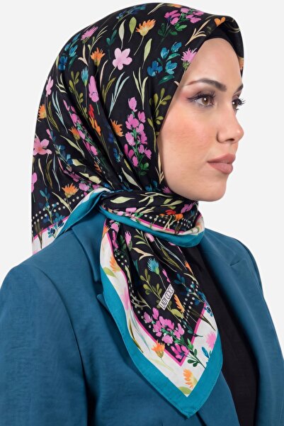 hadiora وشاح نسائي ناعم من القطن العضوي بنقشة زهور باللون الأسود