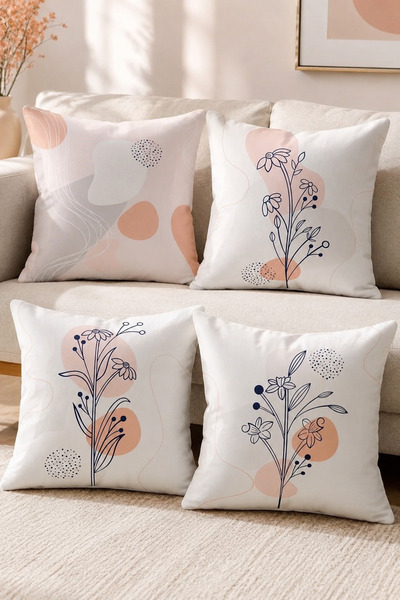 Moud's Çift Tarafı Baskılı Basic Flower Desenli 4'lü Kombin Süet Kırlent Kılıfı