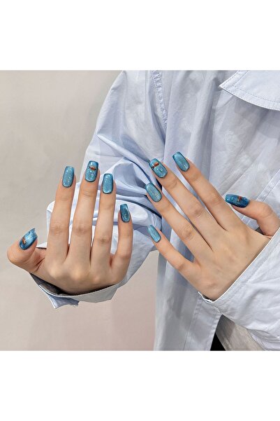 LoreaNails Işıltılı Mavi Balık Desenli Oval El Yapımı Takma Tırnak S
