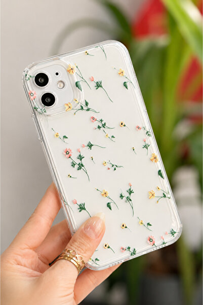 Go Aksesuar Iphone 11 Uyumlu Krem Çiçek Desenli Kameralar Korumalı Kılıf
