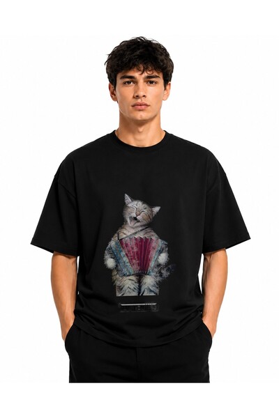 Inscriptie Tricou Unisex Bumbac Premium Casual " Pisica la acordeon "