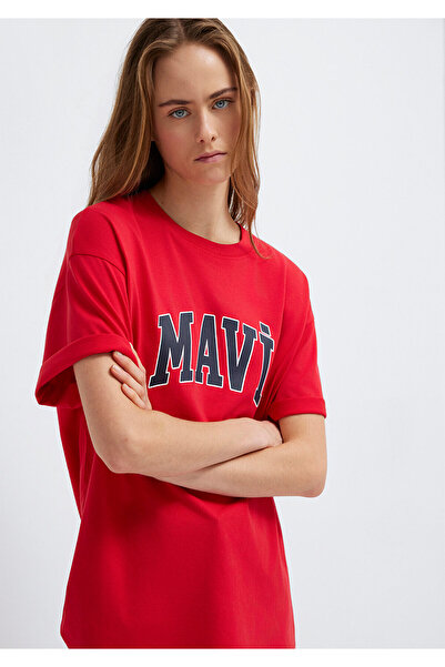 Mavi Logo Baskılı Kırmızı Tişört Oversize / Geniş Kesim 1600843-82054