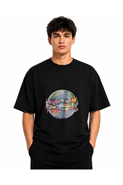 Inscriptie Tricou Unisex Bumbac Premium Casual " Globe with flags "