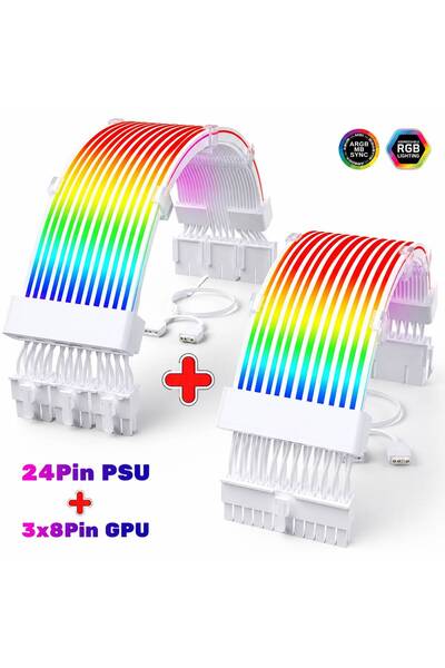 GAMETECH A-RGB Sleeved Kablo Set RGB Uzatma Kablo ( 1x24 Pin Anakart + 3x8 Pi...