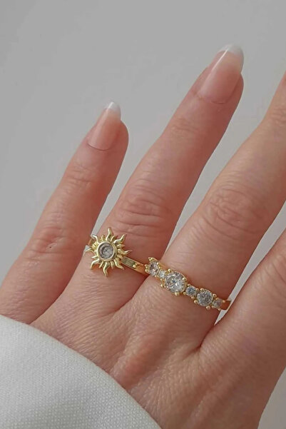Leo'Stone 2'li Set Gold Crown Shine Ayarlanabilir Kadın Çelik Yüzük Altın Kararmaz Renk Atmaz