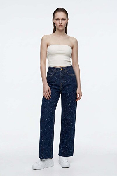 HAKKE High Waist Loose Fit Stone Embellished Jean Trousers