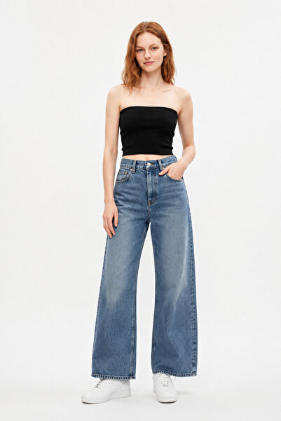 HAKKE Pantaloni din denim cu talie înaltă și croială largă