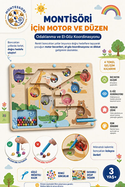 BBSKY Montessori Manyetik Ahşap Hayvanlar Labirenti 3+ Yaş Eğitici Renk Eşleş...