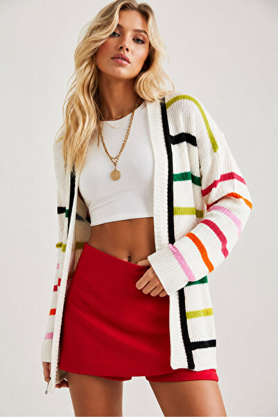 Marvine Women's White Stripe Detailed Colorful Knitwear Cardigan