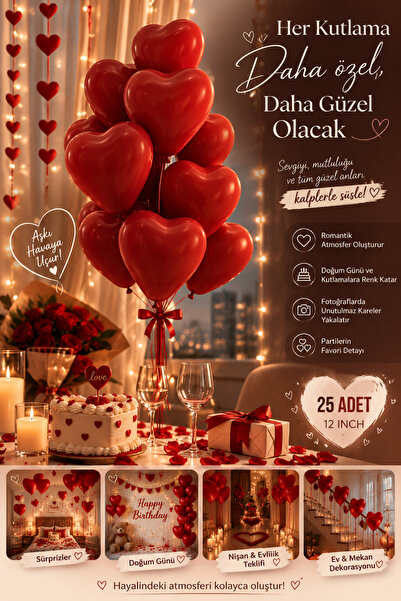 Elif mağazacılık Kalpli Balon 25 Adet (12 INCH)