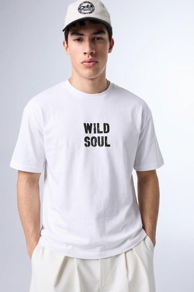 comstar تي شيرت رجالي فضفاض أبيض كبير الحجم مطبوع عليه نص Wild Soul