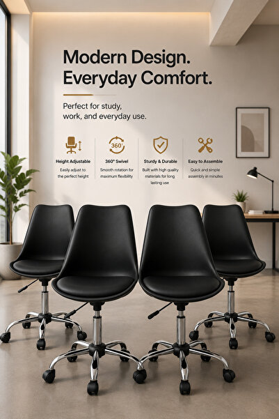 Taimi Set of 4-Adjustable Swivel 360° Armless Desk Chair w/ wheels,Black- 77-...