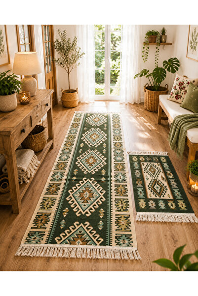 Horecahome Covoare tradiționale 1+1, 80x200cm+60x90cm, verde și crem, model ROMB