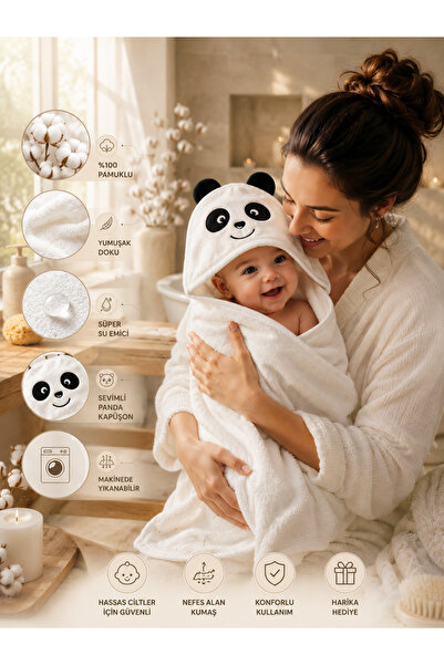 Tomuycuk Sevimli Panda Nakışlı Başlıklı Bebek Banyo Havlusu & %100 Pamuklu - ...
