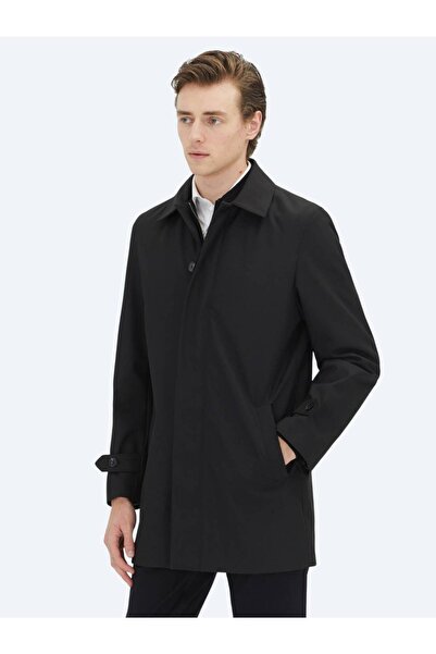 Kip Black Regular Fit Baby Collar Casual Woven Overcoat