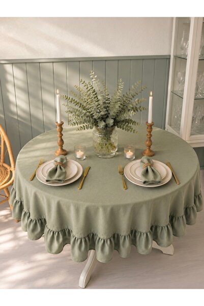Decamor home Pearl Velvet Textured Vintage Sage Green Ruffled Round Tableclot...